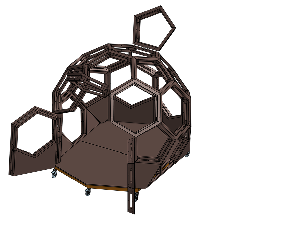 Exploded view of geodesic shelter showing 23 module types